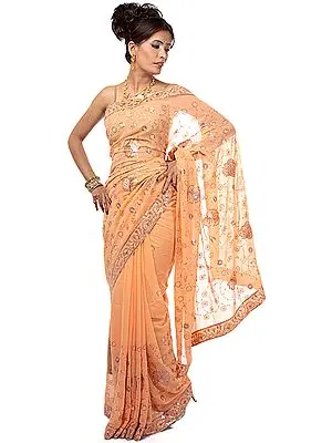 Light-Orange Sari with All-Over Embroidered Sequins