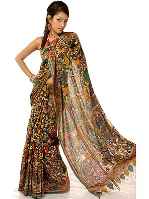 Multi-Color Kalamkari Sari from Andhra Pradesh with Hand-Painted Radha Krishna