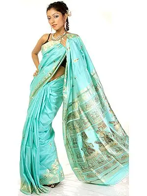 Aqua Baluchari Sari Hand-woven in Bengal Depicting Lord Krishna