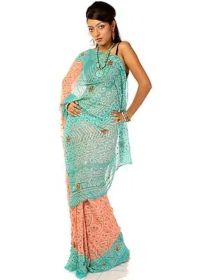 Coral and Turquoise Bandhani Sari with Sequins