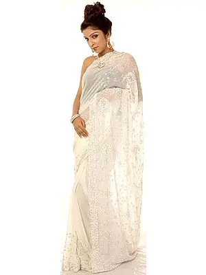 Ivory Sari with Sequins Embroidered As Flowers