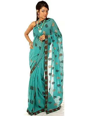 Teal Sari with Parsi Embroidered Christmas Trees All-Over