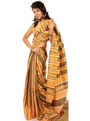 Amber and Beige Kosa Silk Sari from Jharkhand with Woven Stripes