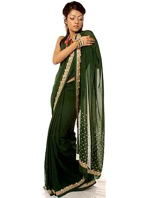 Deep-Green Sari from Lucknow with Dense Embroidery on Border
