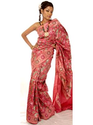 Carmine Jamdani Sari from Banaras with Woven Paisleys All-Over