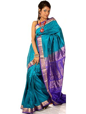 Turquoise and Blue Kanjivaram Sari with Golden Zari Weave on Anchal and Border