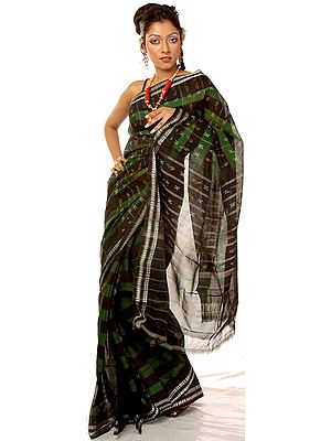 Green and Black Sambhalpuri Ikat Sari from Orissa