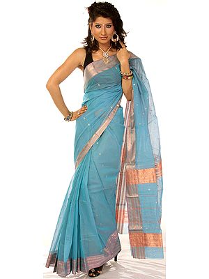 Light-Blue Chanderi Sari Hand-woven in Madhya Pradesh