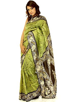 Green and Black Batik Sari from Kolkata