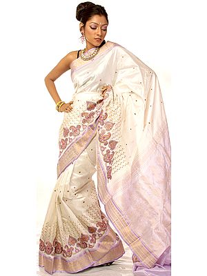 Ivory Sari from Mysore with Sequins and Intricately Embroidered Paisleys
