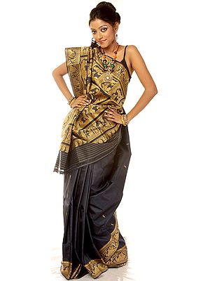 Navy-Blue Baluchari Sari Hand-woven in Bengal with Mythological Episodes