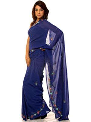 Royal Blue Sari with Parsi Embroidered Border