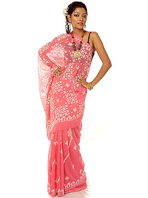 Hot-Pink Chikan Embroidered Sari from Lucknow
