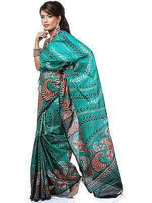 Green Block-Printed Sari from Kolkata