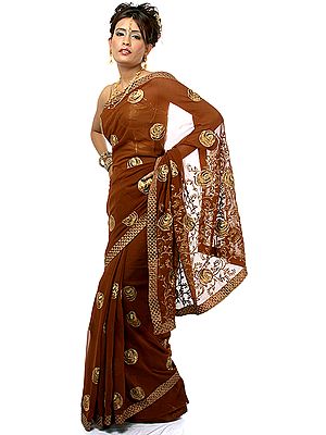 Brown Jaal Sari with Embroidered Flowers in Copper Thread