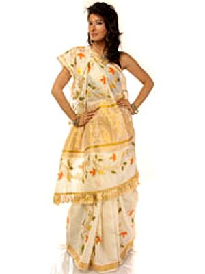 Ivory Kasavu Sari from Kerala with Golden Thread Weave, Hand-painted in Bihar