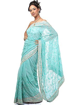 Aqua Wedding Sari with Hand-Embroidered Iridescent Beads and Crystals