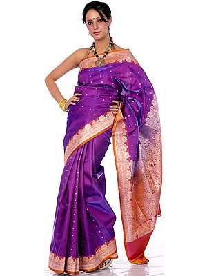 Purple Banarasi Sari with Golden Bootis and Brocaded Anchal