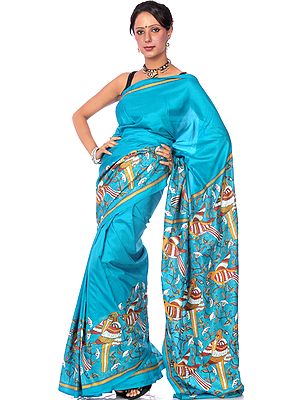 Robin-Egg Turquoise Kantha Sari with Hand-Embroidered Birds