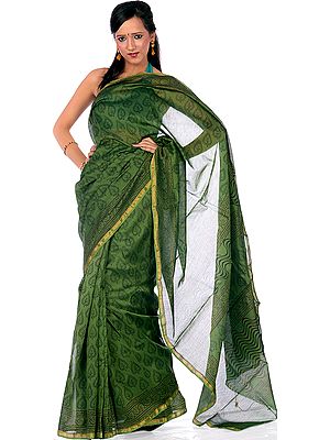 Green Chanderi Sari with All-Over Block-Printed Leaves
