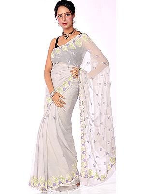 Gray Hand-Embroidered Chikan Saree from Lucknow