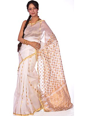 White Banarasi Sari with Golden Circles Woven All-Over