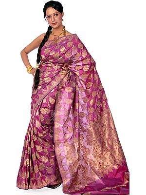Purple Jamdani Sari from Banaras with Woven Leaves