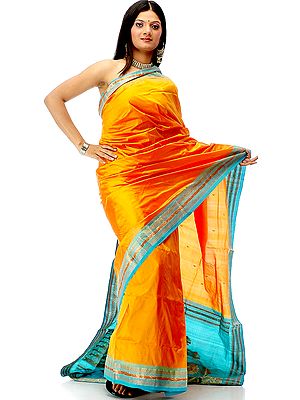 Saffron and Turquoise Bangalore Silk Sari