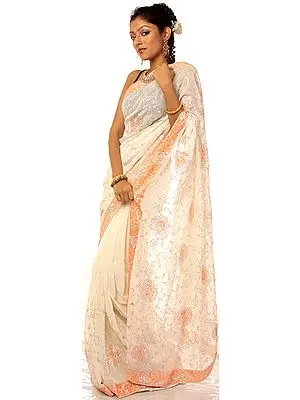 Ivory and Orange Sari with Embroidered Sequins