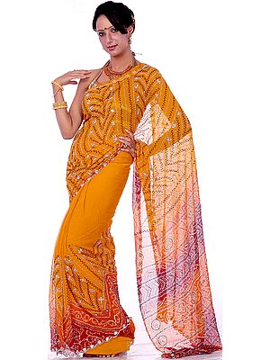 Mustard Bandhani Sari with Sequins and Embroidered Beads