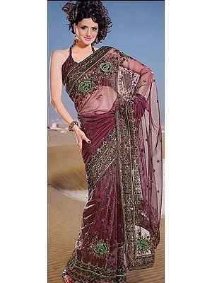 Cordovan Net Saree with Parsi Embroidered Bootis and Border