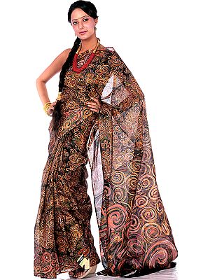 Black Suryani Sari from Mysore with Printed Spirals
