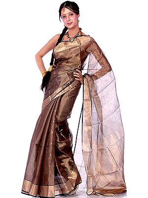 Midnight-Blue Tissue Chanderi Sari with Golden Thread Weave