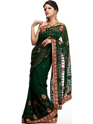 Green Wedding Sari with Parsi Embroidered Bootis All-Over