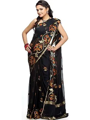 Black Banarasi Sari with All-Over Flowers Woven by Hand