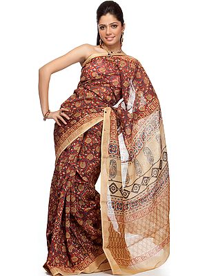 Kalamkari-Style Block Printed Chanderi Sari from Madhya Pradesh