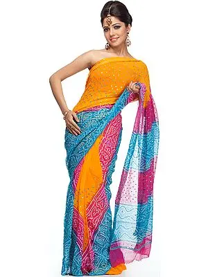 Tri-Color Bandhani Sari with Sequins and Mirrors