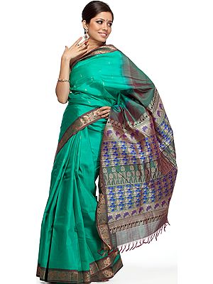 Green Kanjivaram Sari with Woven Flowers on Anchal