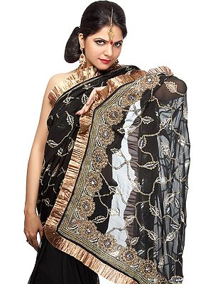 Black Designer Sari with Hand-Embroidered Beads and Frill Border