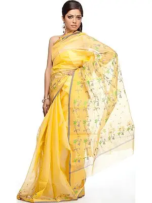 Yellow Chanderi Sari with Woven Flowers
