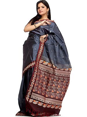 Slate-Gray  Kanjivaram Sari with Woven Flowers on Anchal