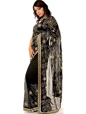 Black Sari with All-Over Threadwork and Sequins