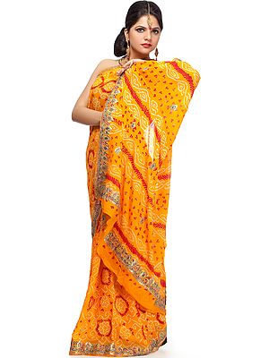 Amber Bandhani Sari with Antique Embroidery