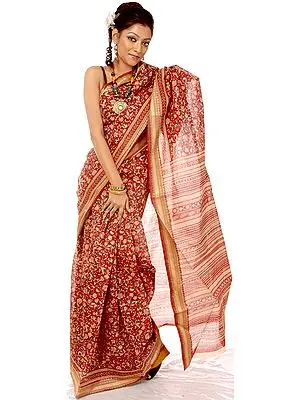 Maroon Sari from Bangalore with Printed Flowers