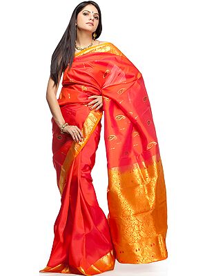 Cerise Kanjivaram Sari with Woven Paisleys and Brocaded Anchal