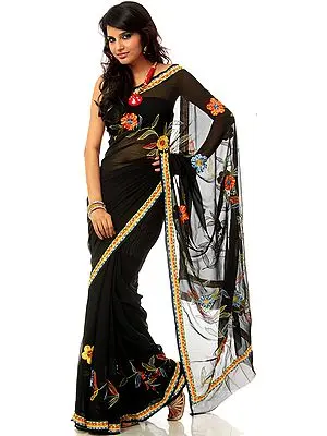 Black Aari Sari from Lucknow with Floral Embroidery