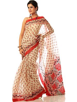 Ivory Kota Doria Sari with All-Over Printed Flowers