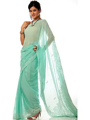 Tea-Green Lukhnavi Chikan Sari with All-Over Embroidery and Sequins