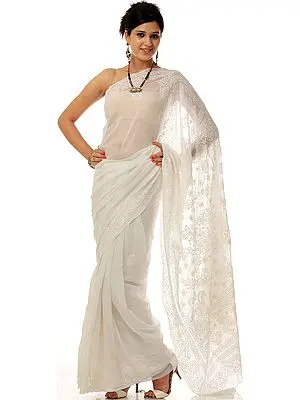 Ivory Lukhnavi Chikan Sari with All-Over Embroidery by Hand