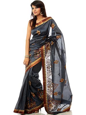 Gray Banarasi Sari with Aari Embroidery and Patch Border
